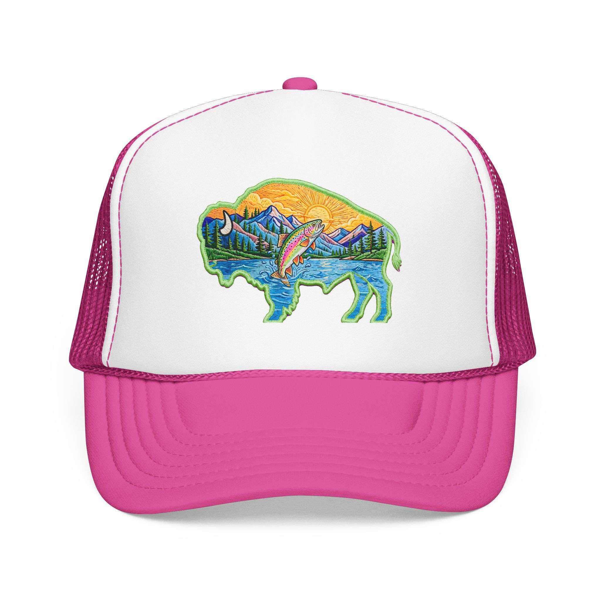 Sunset Buffalo Mountain Trucker Hat — Scenic Buffalo & Trout Patch Foam Hat