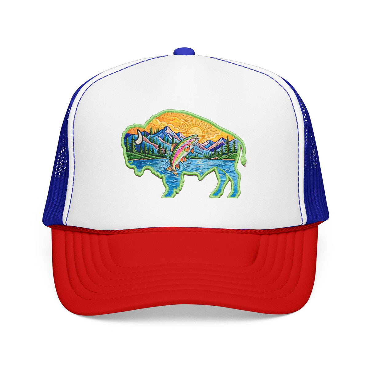 Sunset Buffalo Mountain Trucker Hat — Scenic Buffalo & Trout Patch Foam Hat