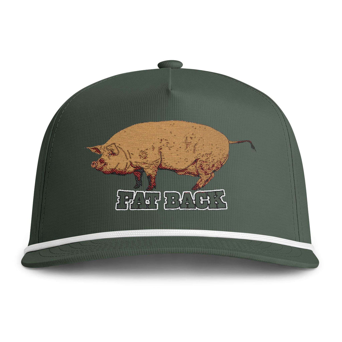 A dark green snapback cap featuring a graphic of a brown pig and the text 'PAT BACK' on the front, with a white stripe along the brim.