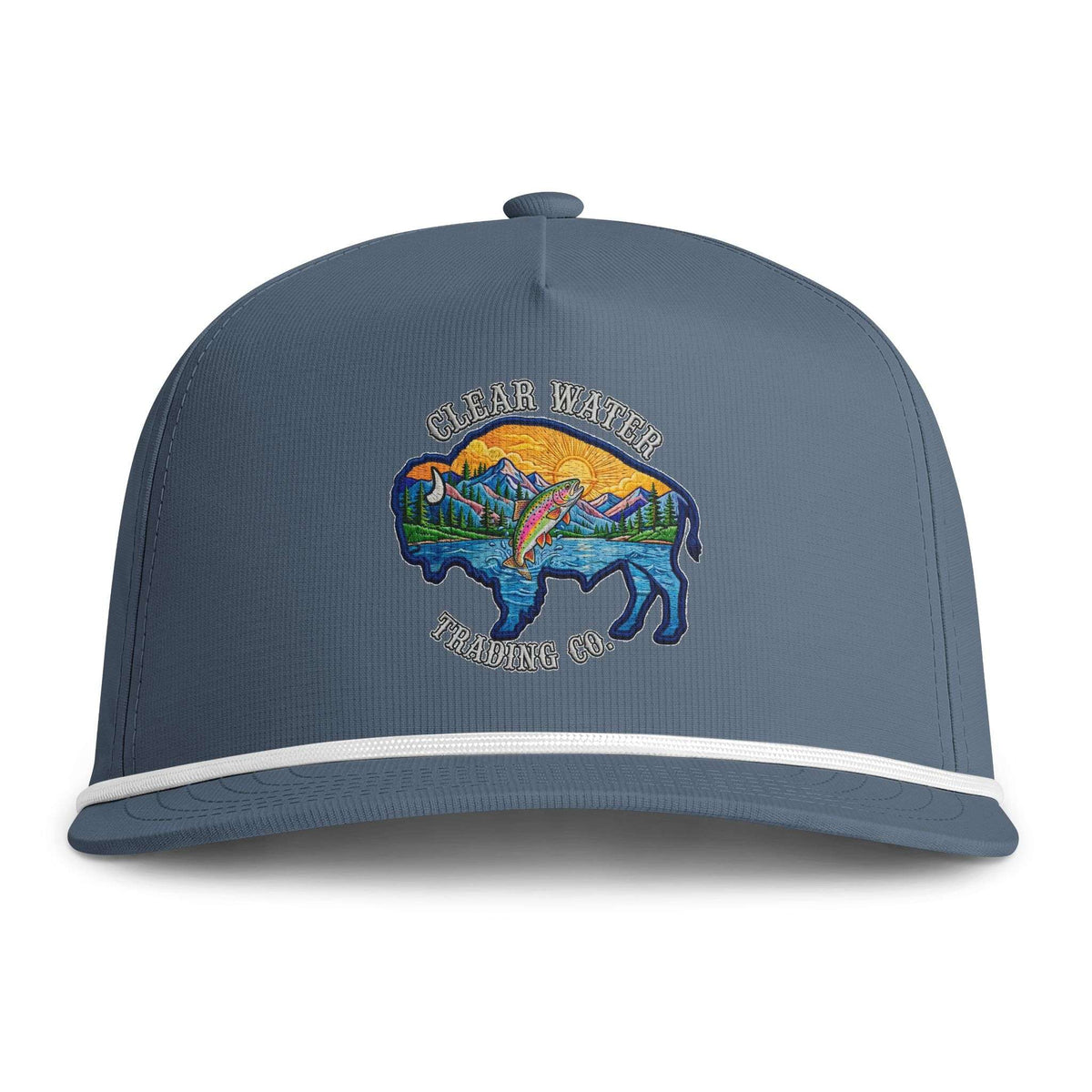 A slate blue snapback cap with a white stripe along the brim and a colorful embroidered buffalo logo on the front. The logo features a bison silhouette filled with a mountain landscape and a fish, with the text 'CLEAR WATER TRADING CO.