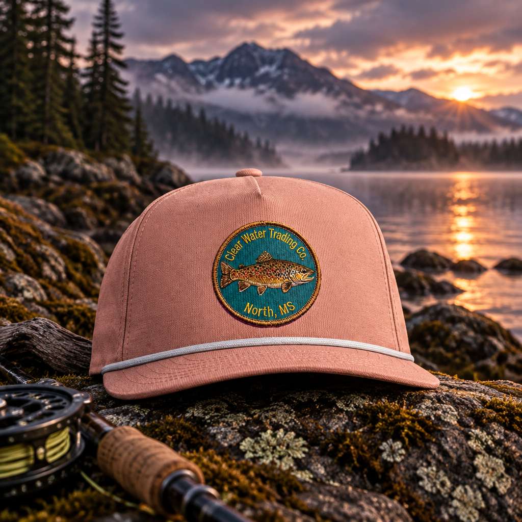 A dusty pink snapback cap featuring a circular embroidered patch on the front with a trout and the text 'Clear Water Trading Co North, MS'.