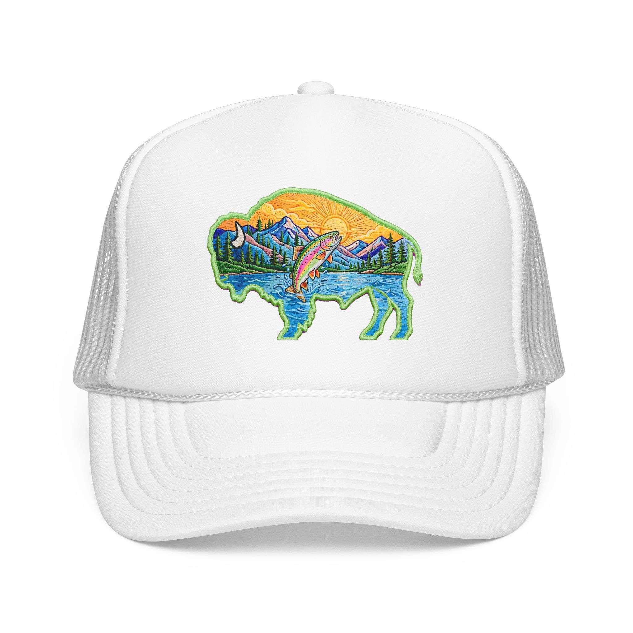 Sunset Buffalo Mountain Trucker Hat — Scenic Buffalo & Trout Patch Foam Hat