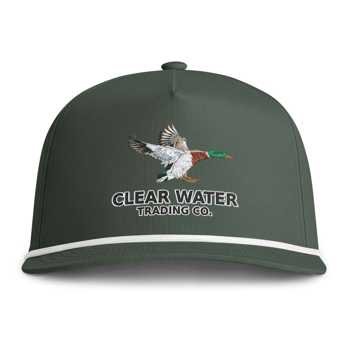 A dark forest green snapback cap with a white piping accent along the edge of the brim. The front panel features an embroidered flying mallard duck logo above the text 'CLEAR WATER TRADING CO.