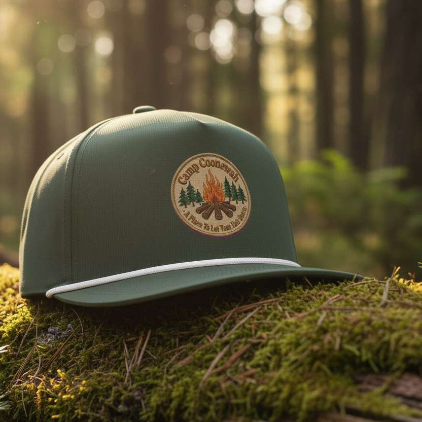 A dark forest green baseball cap with a white stripe along the brim and a circular embroidered patch on the front depicting a campfire, pine trees, and the text 'Camp Coomeshall' and 'Free To Let Tour This Spot'.