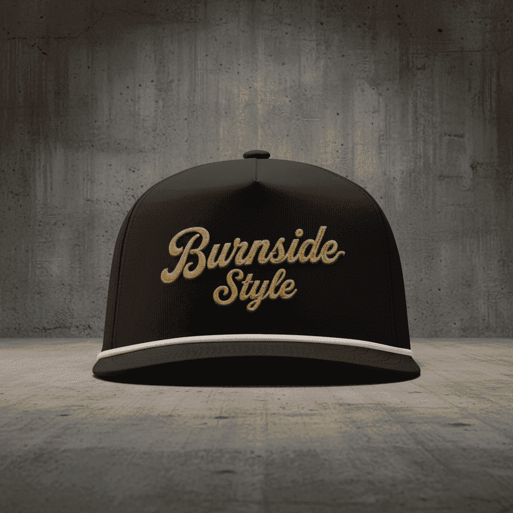 A black snapback cap with 'Burnside Style' embroidered in gold cursive on the front, set against a textured gray concrete wall and floor.