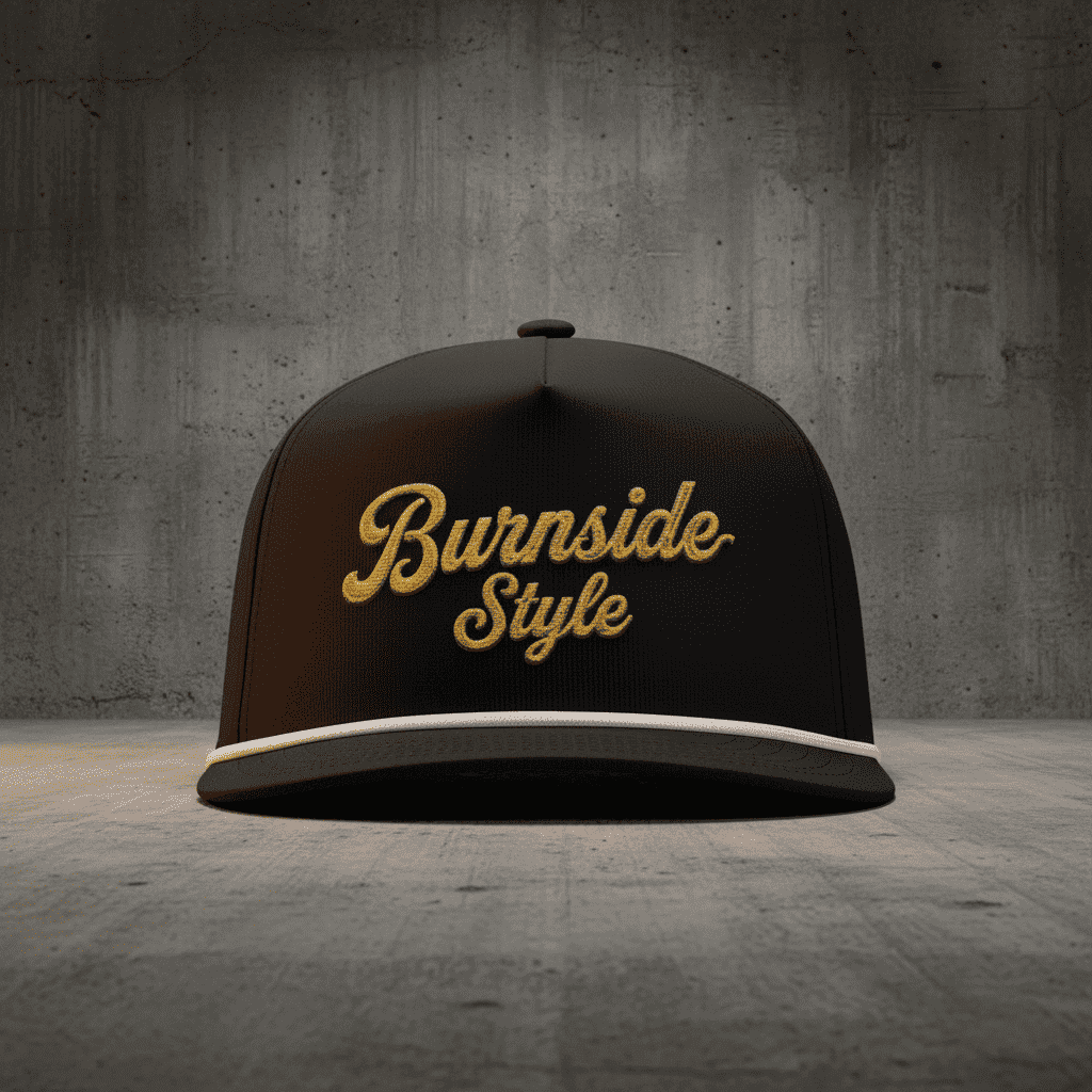 A black snapback cap with 'Burnside Style' embroidered in gold cursive on the front, set against a textured gray concrete wall and floor.