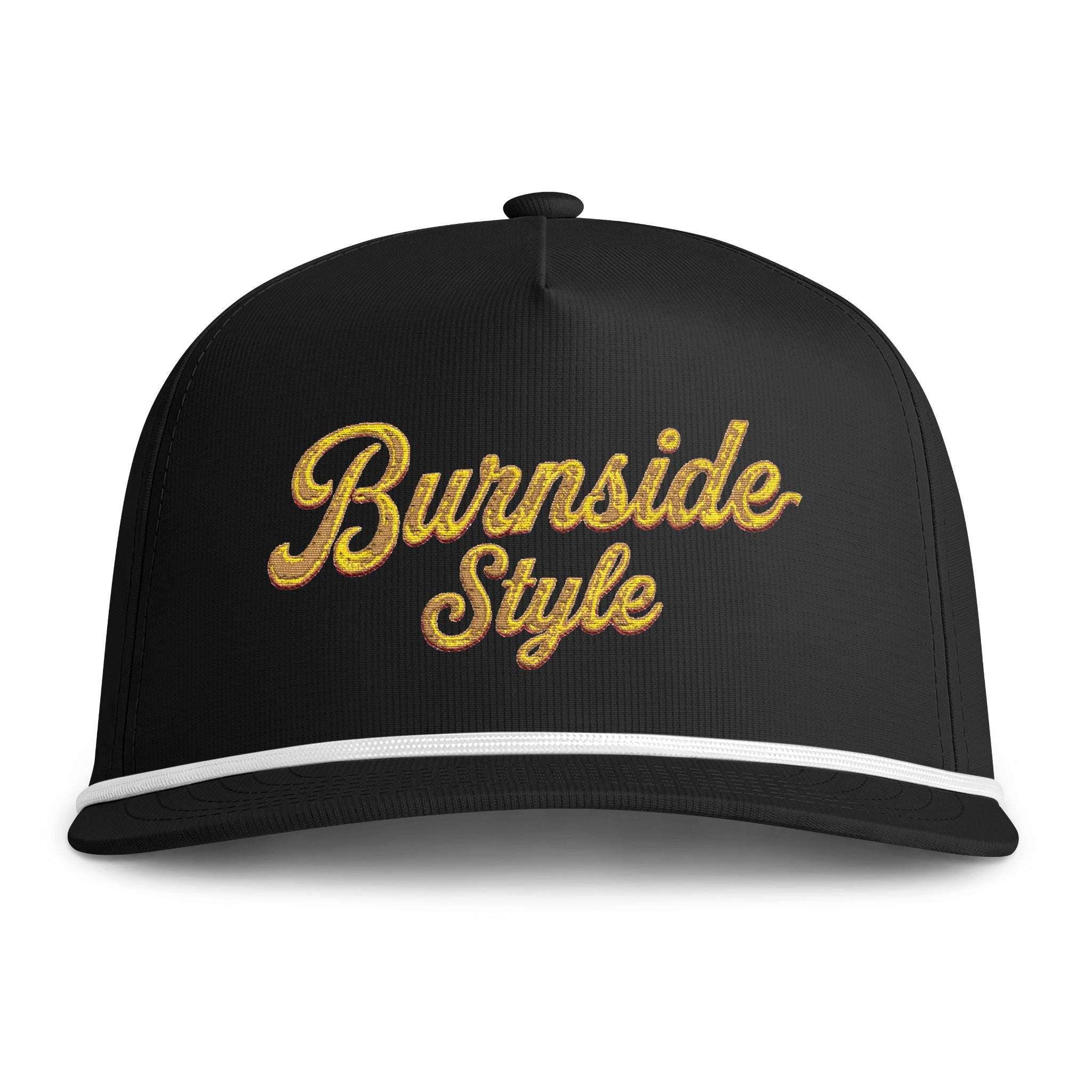 A black baseball cap with 'Burnside Style' embroidered in a textured gold cursive font on the front, featuring a white stripe along the edge of the curved brim.