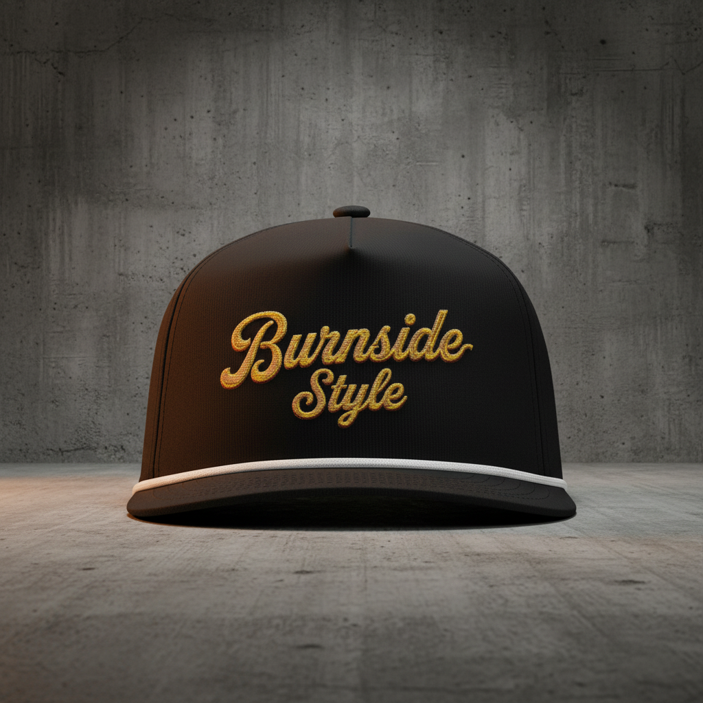 A black snapback cap with 'Burnside Style' embroidered in gold cursive on the front, set against a textured gray concrete wall and floor.