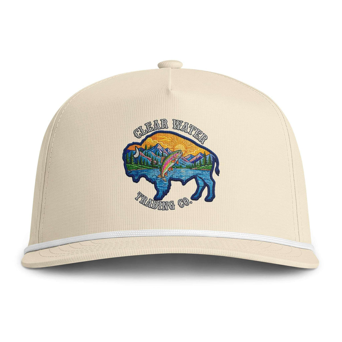 A beige baseball cap with a white piping trim along the brim and a colorful embroidered logo on the front. The logo features a bison silhouette filled with a mountain landscape and a jumping fish, with the text 'CLEAR WATER FISHING CO.
