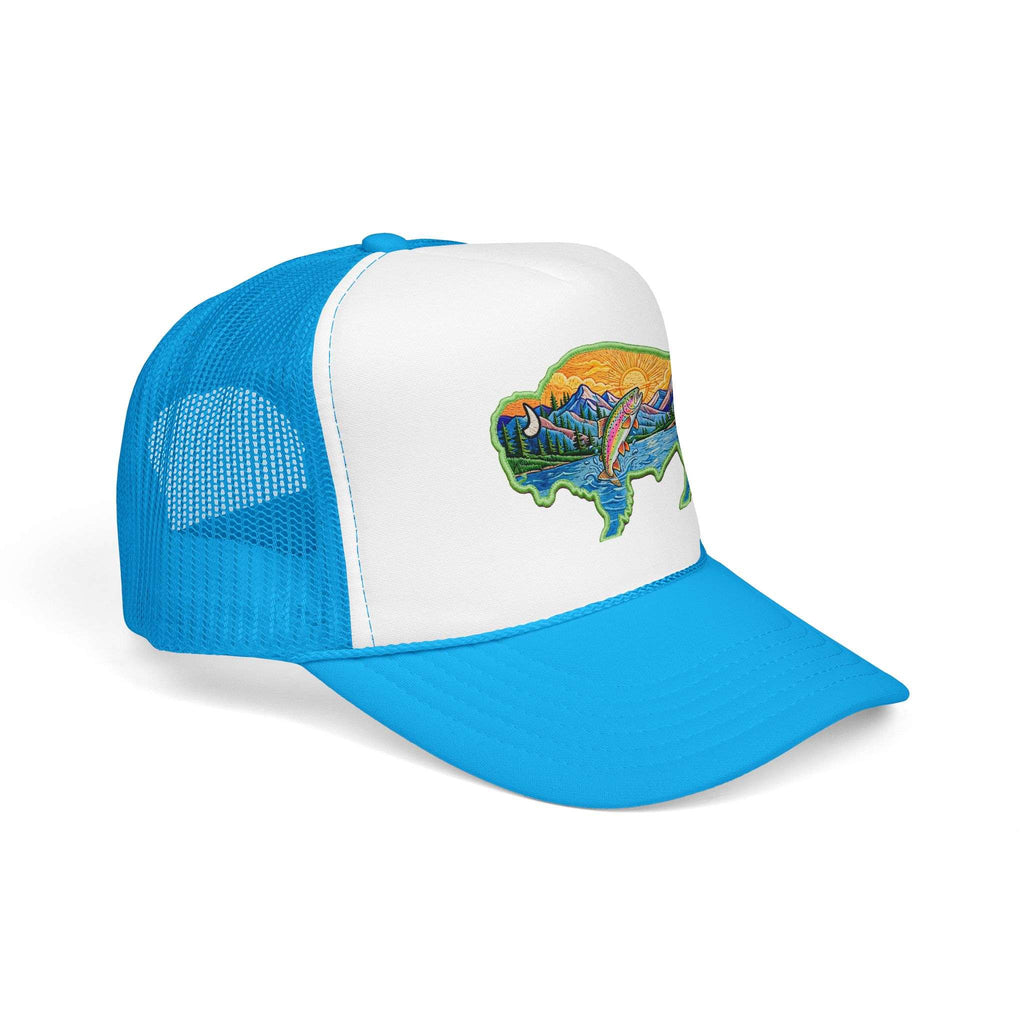 Sunset Buffalo Mountain Trucker Hat — Scenic Buffalo & Trout Patch Foam Hat