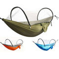 Three camping hammocks in green, orange, and blue with mosquito netting on a white background.
