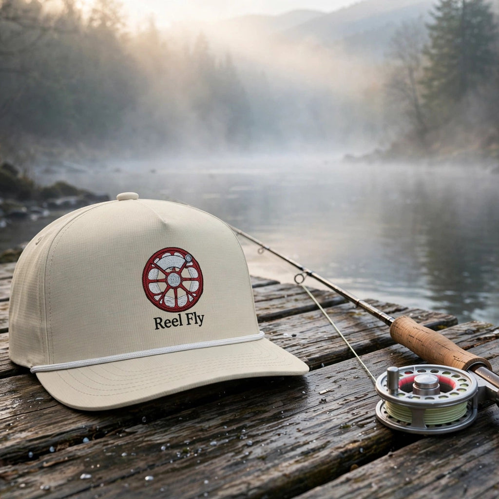 A beige baseball cap with a red and white fish logo and the text 'Real Fly' sits on a weathered wooden dock next to a fly fishing rod and reel, with a misty lake and forest in the background.