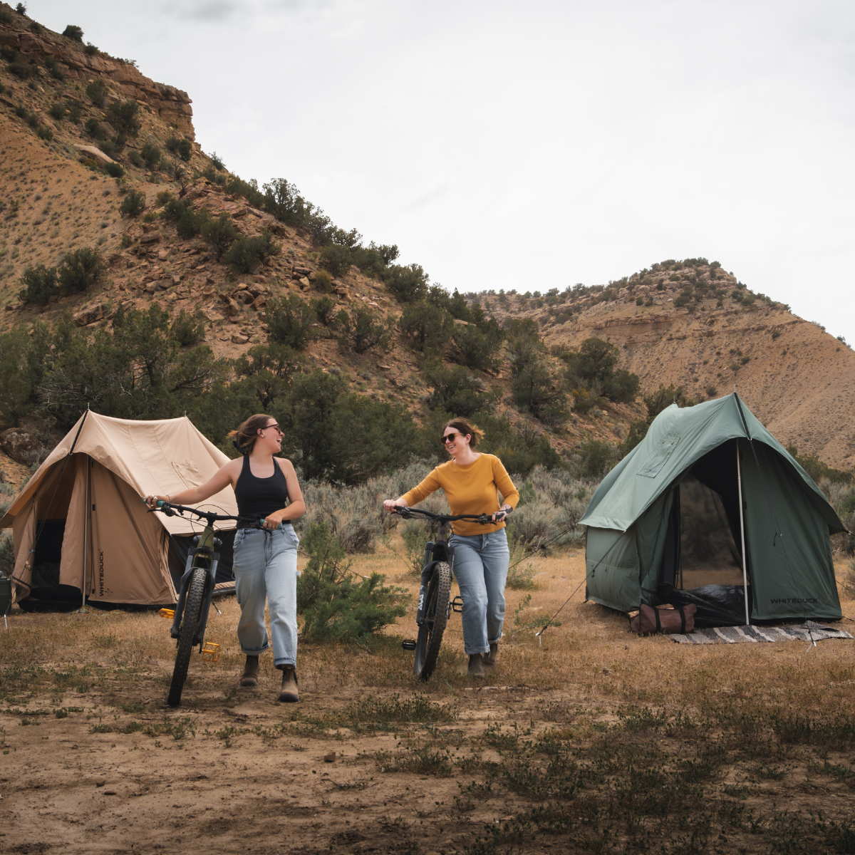 Two people with bicycles near tents in a desert landscape