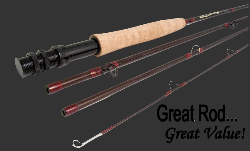 Fishing rod with three sections on a dark background, accompanied by text 'Great Rod... Great Value!'.