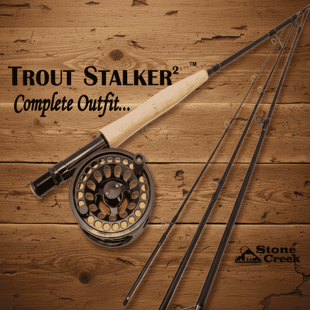 Fishing rod and reel set on a wooden surface with 'Trout Stalker' branding.
