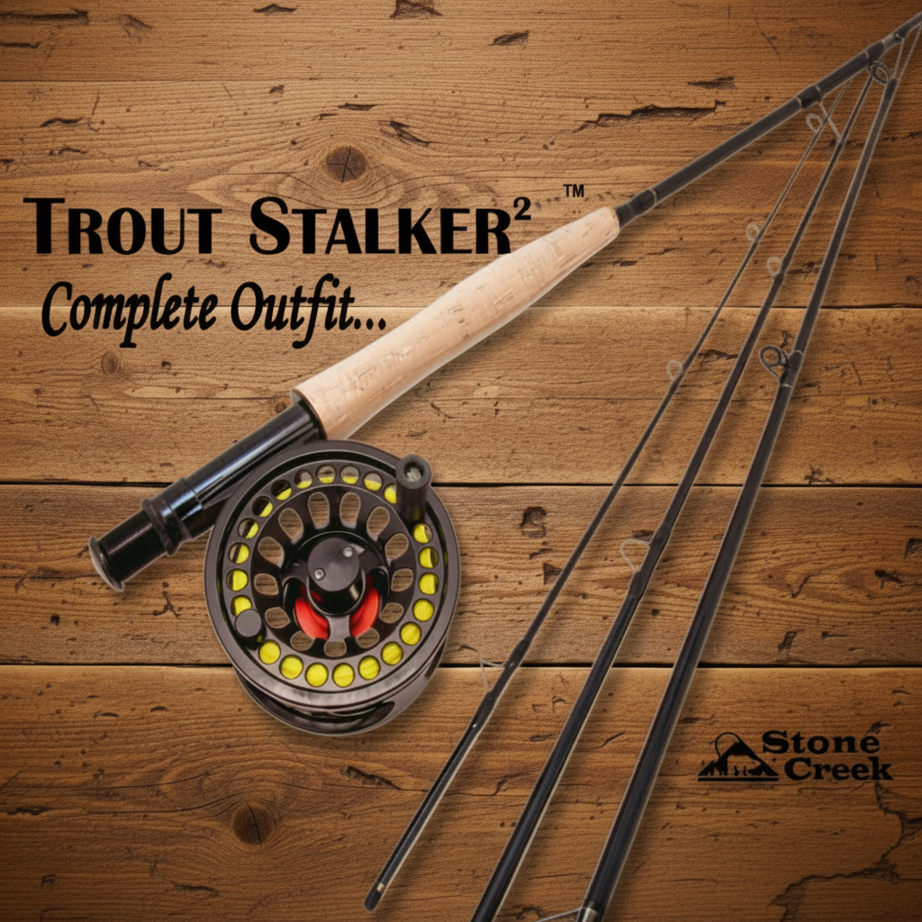 Fishing rod and reel set on a wooden surface with 'Trout Stalker' branding.