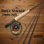 Fishing rod and reel set on a wooden surface with 'Trout Stalker' branding.