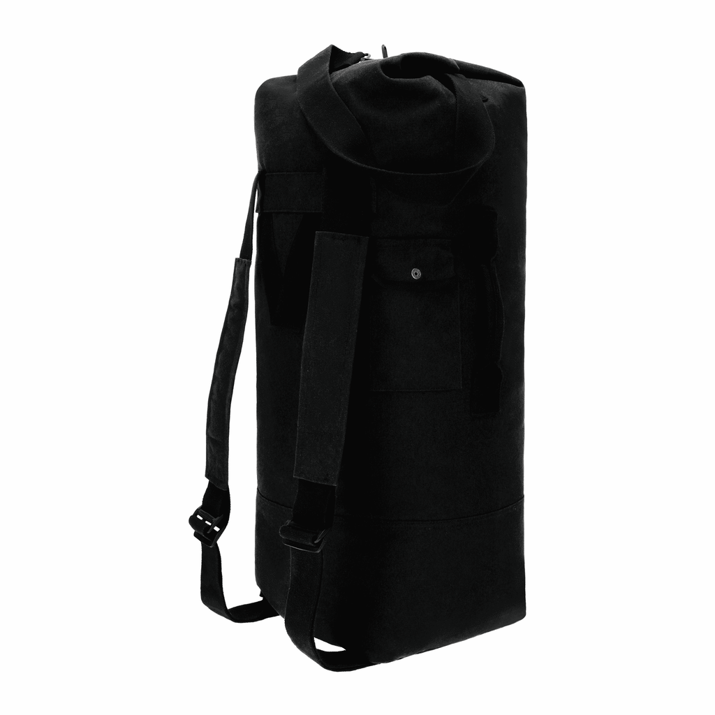 Black duffel bag with a strap on a white background