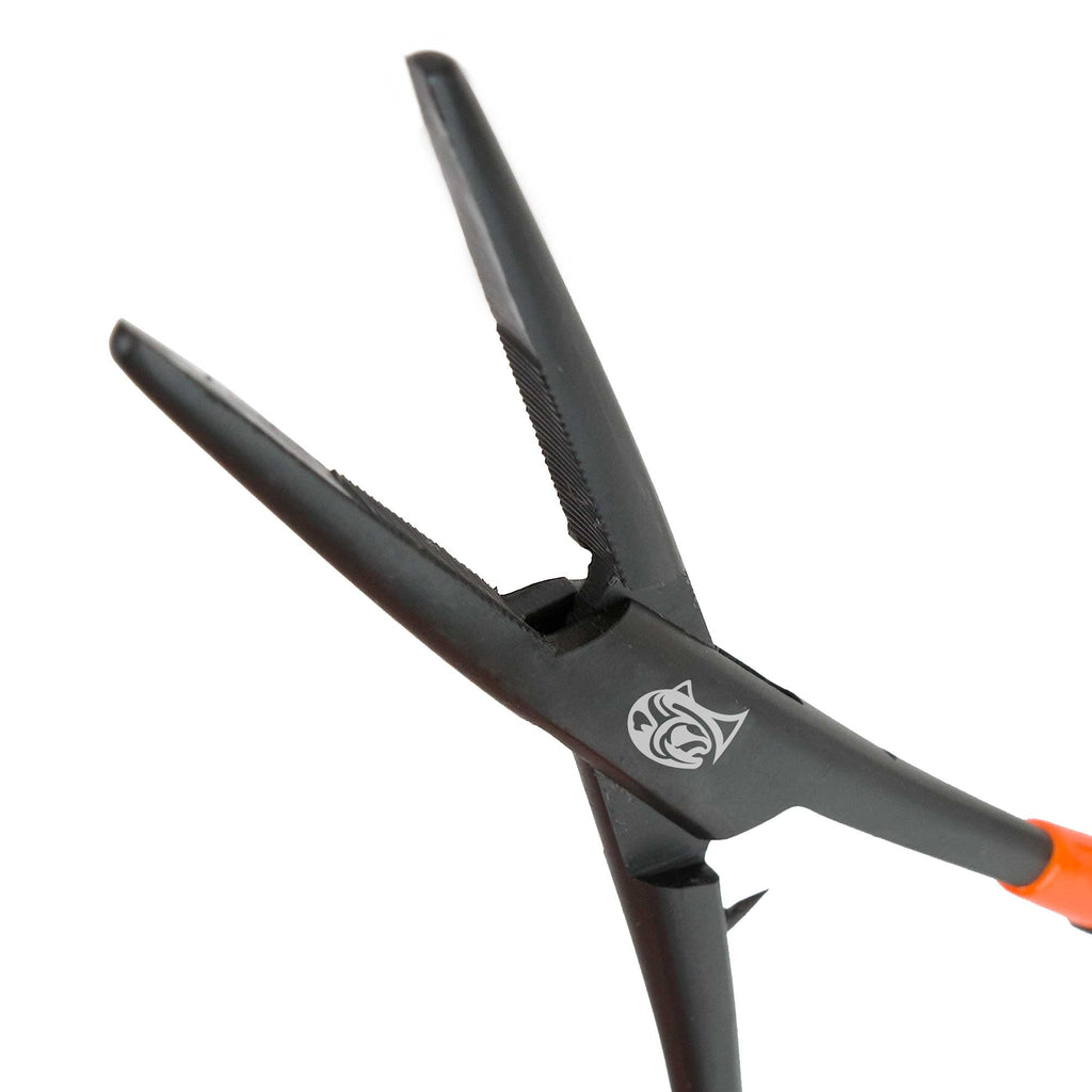 Black hair straightener with orange accents on a white background