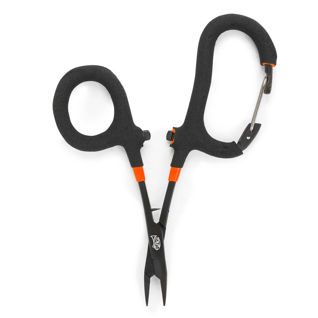 Black fishing pliers with a carabiner on a white background