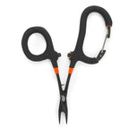 Black fishing pliers with a carabiner on a white background