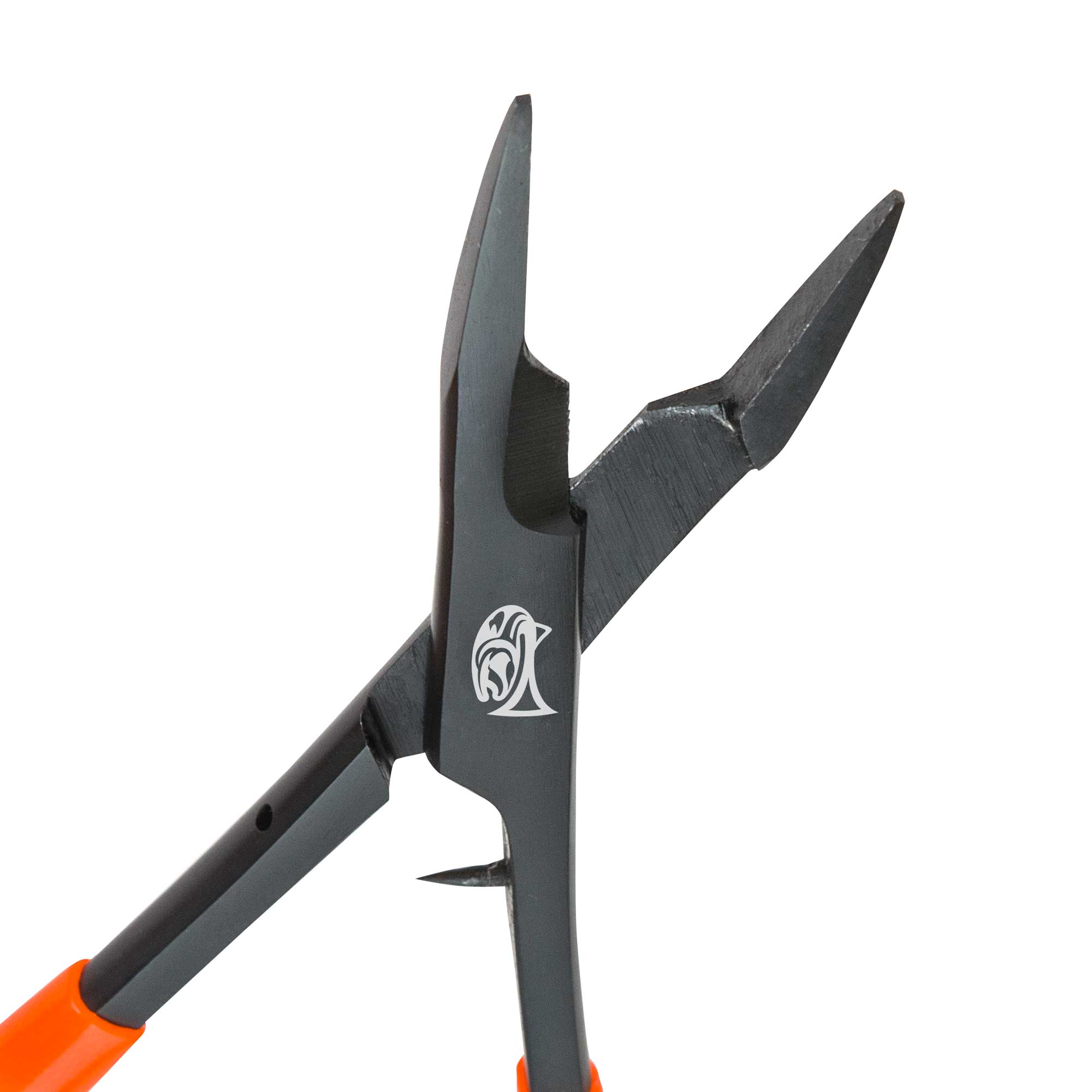 Pair of pliers with black handles and a visible brand logo on a white background