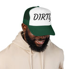 A man wearing a green and white trucker hat with the text 'BITTER BABY MAN' printed in black on the front panel, paired with a beige hoodie against a plain white background.