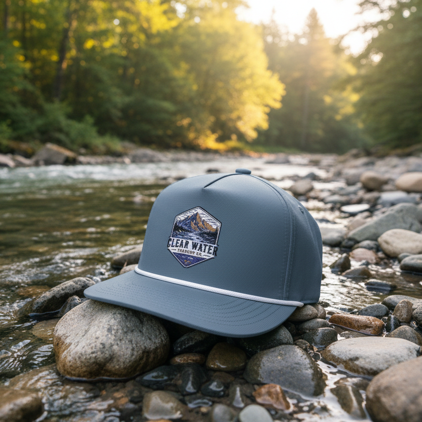 A slate blue snapback cap featuring a white stripe along the brim and a central embroidered patch with a mountain design and the text 'CLEAR WATER TRADING CO.'.