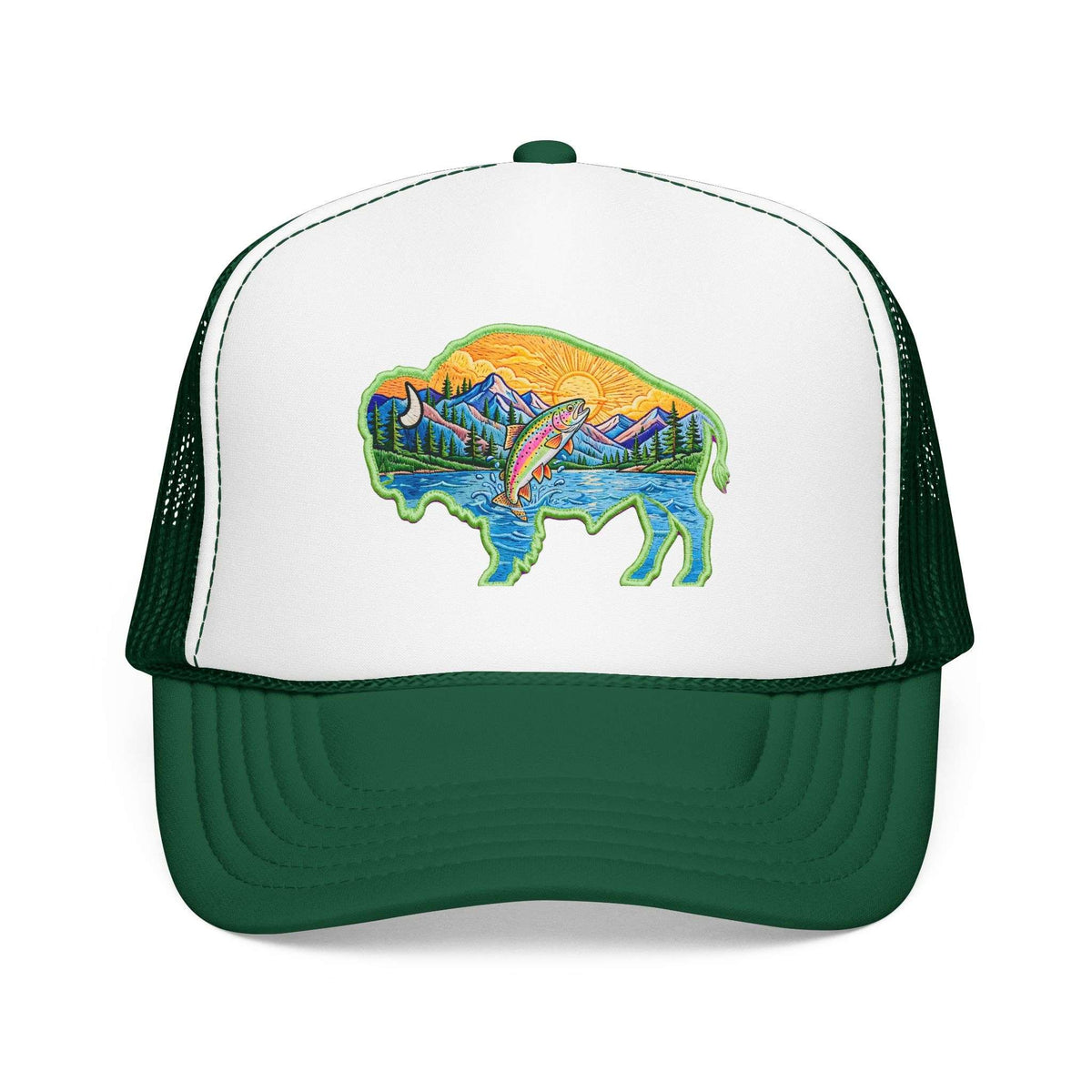 Sunset Buffalo Mountain Trucker Hat — Scenic Buffalo & Trout Patch Foam Hat