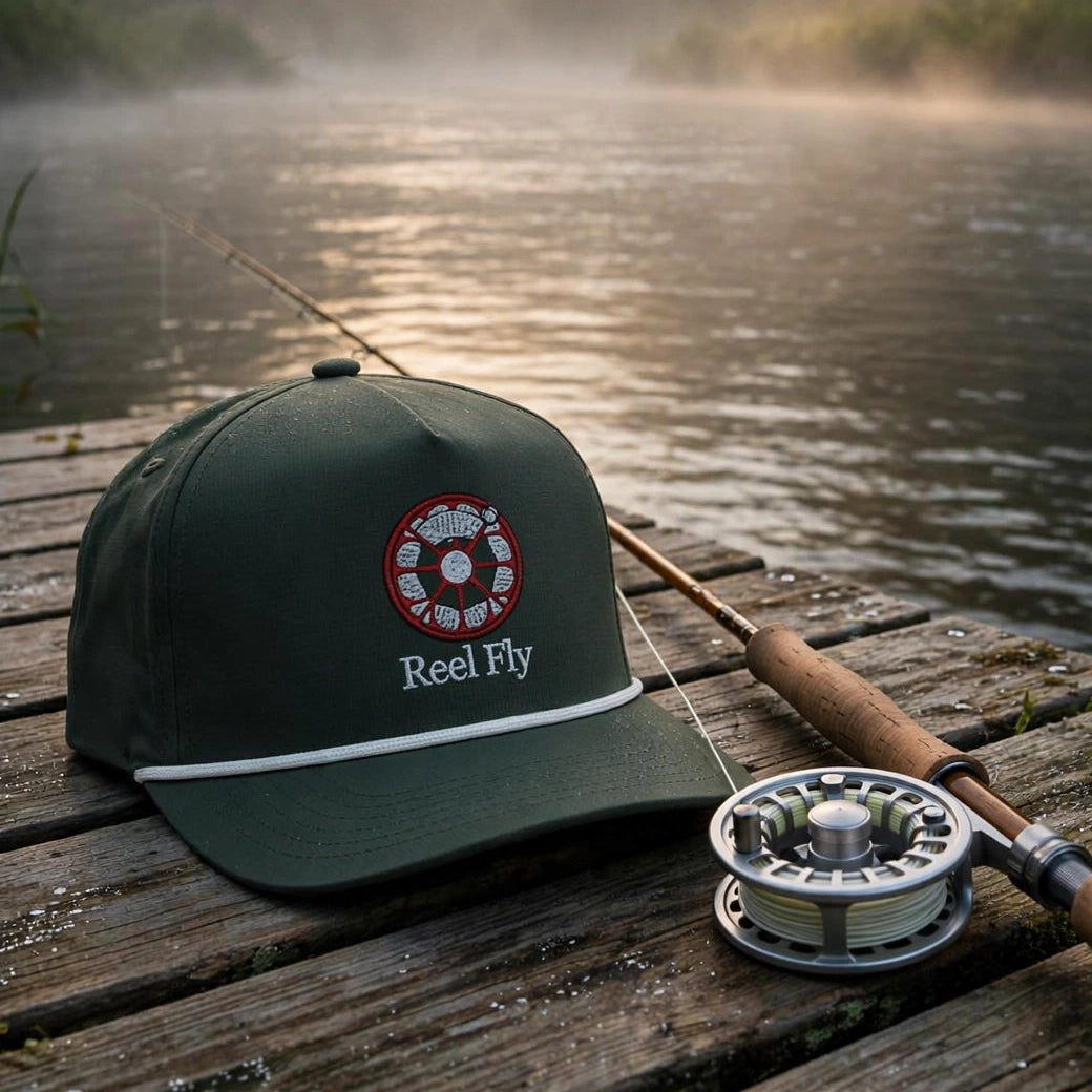 A dark green baseball cap with a 'Real Fly' logo sits on a weathered wooden dock next to a fishing rod and reel, with a misty lake and trees in the background at sunrise.