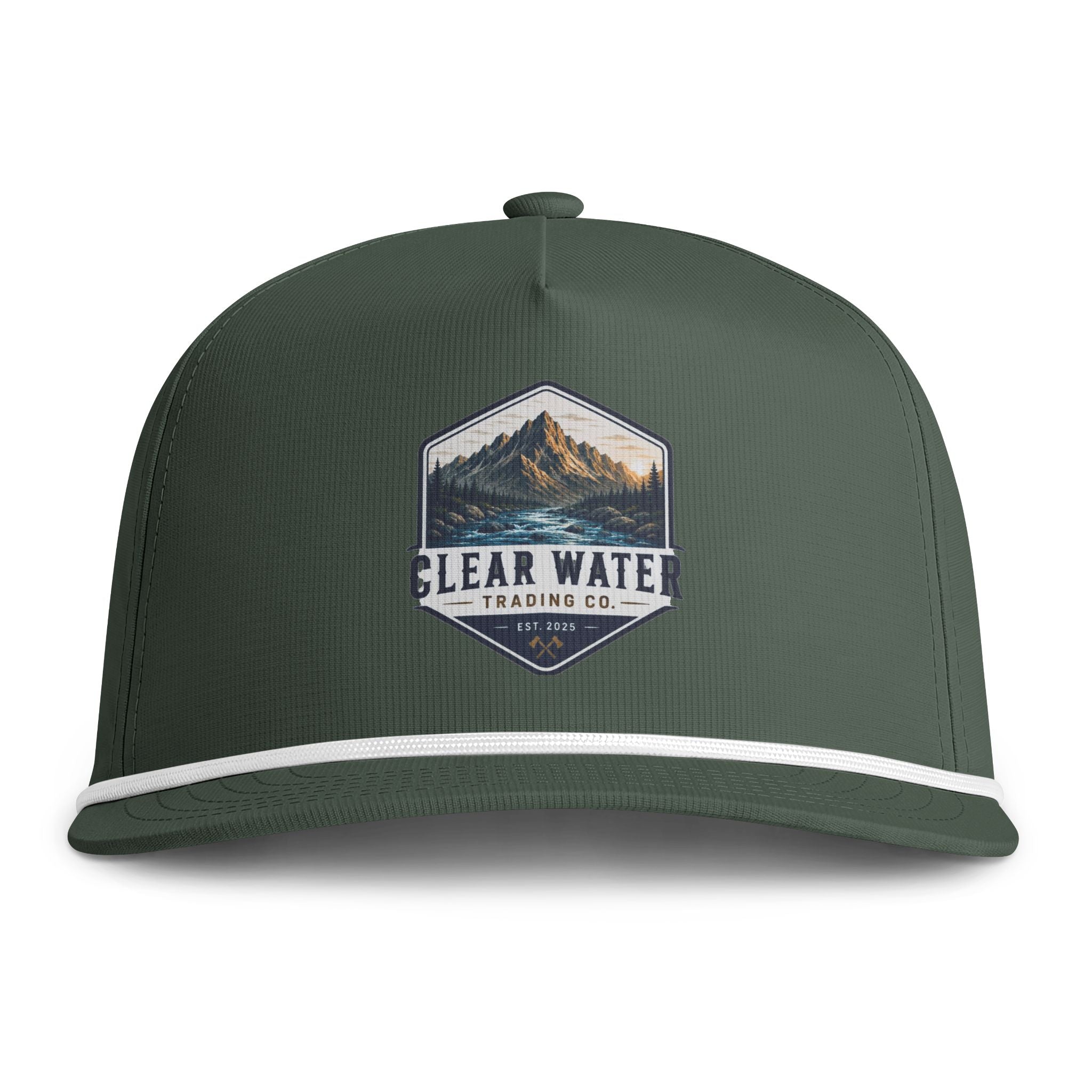 A dark forest green baseball cap with a white stripe along the edge of the brim and a central embroidered patch featuring a mountain landscape and the text 'CLEAR WATER TRADING CO.'.