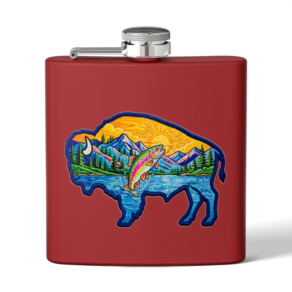 Flasque en acier inoxydable de 177 ml ornée d’un motif de buffle, de pêche et d’aventure en montagne