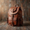 Brown leather backpack with a free leather wallet offer on a white background