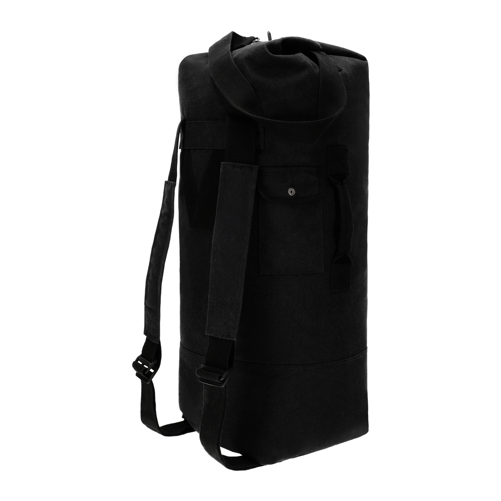 Black duffel bag with a strap on a white background