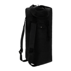 Black duffel bag with a strap on a white background