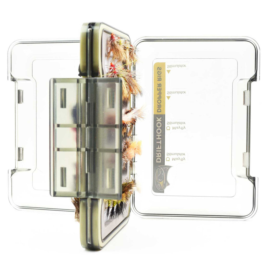 Clear fishing lure case with various fishing lures inside, featuring the Duel brand.