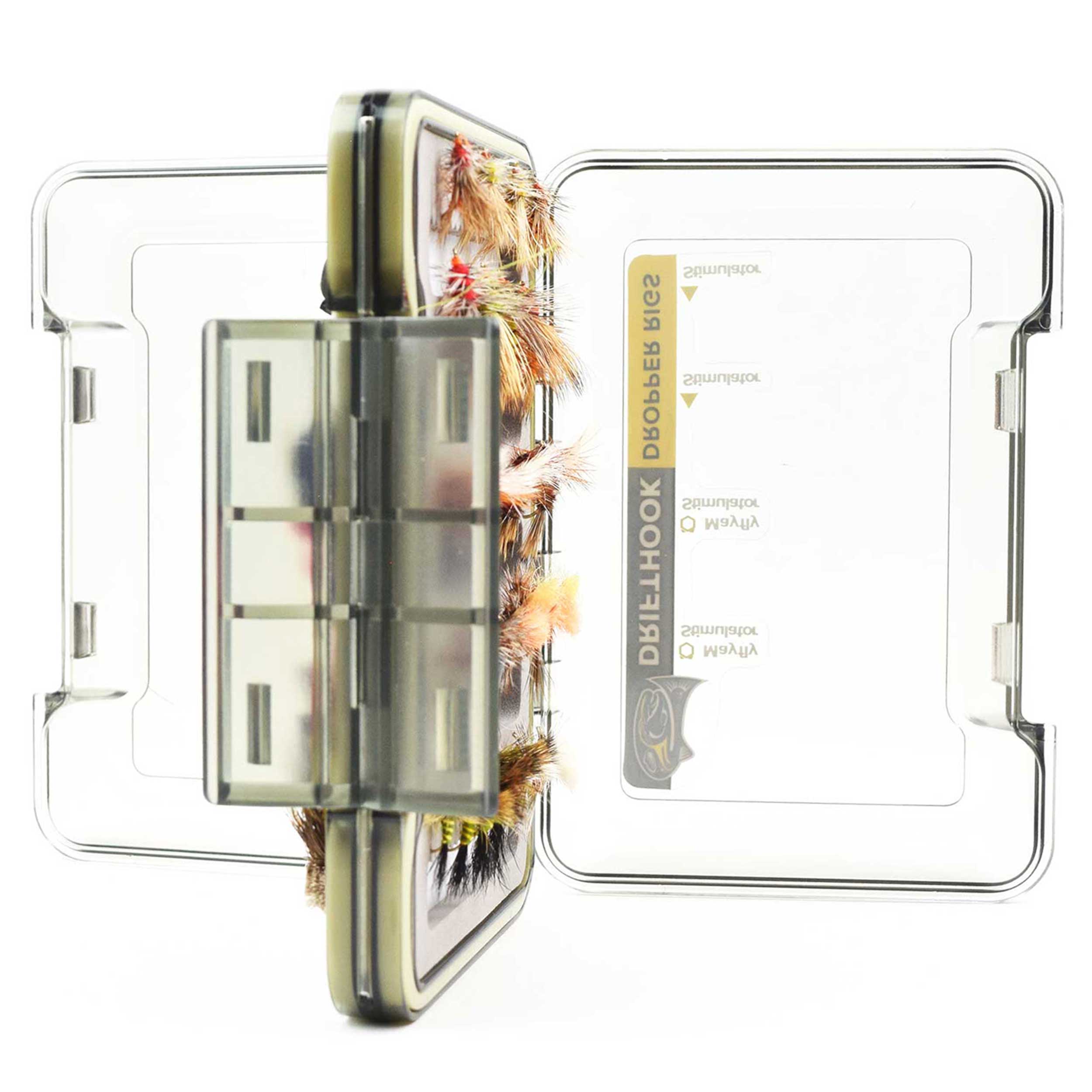 Clear fishing lure case with various fishing lures inside, featuring the Duel brand.
