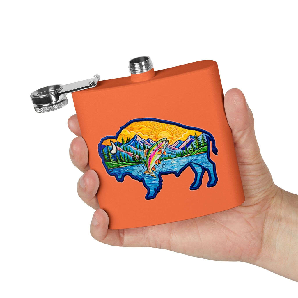 Flasque en acier inoxydable de 177 ml ornée d’un motif de buffle, de pêche et d’aventure en montagne