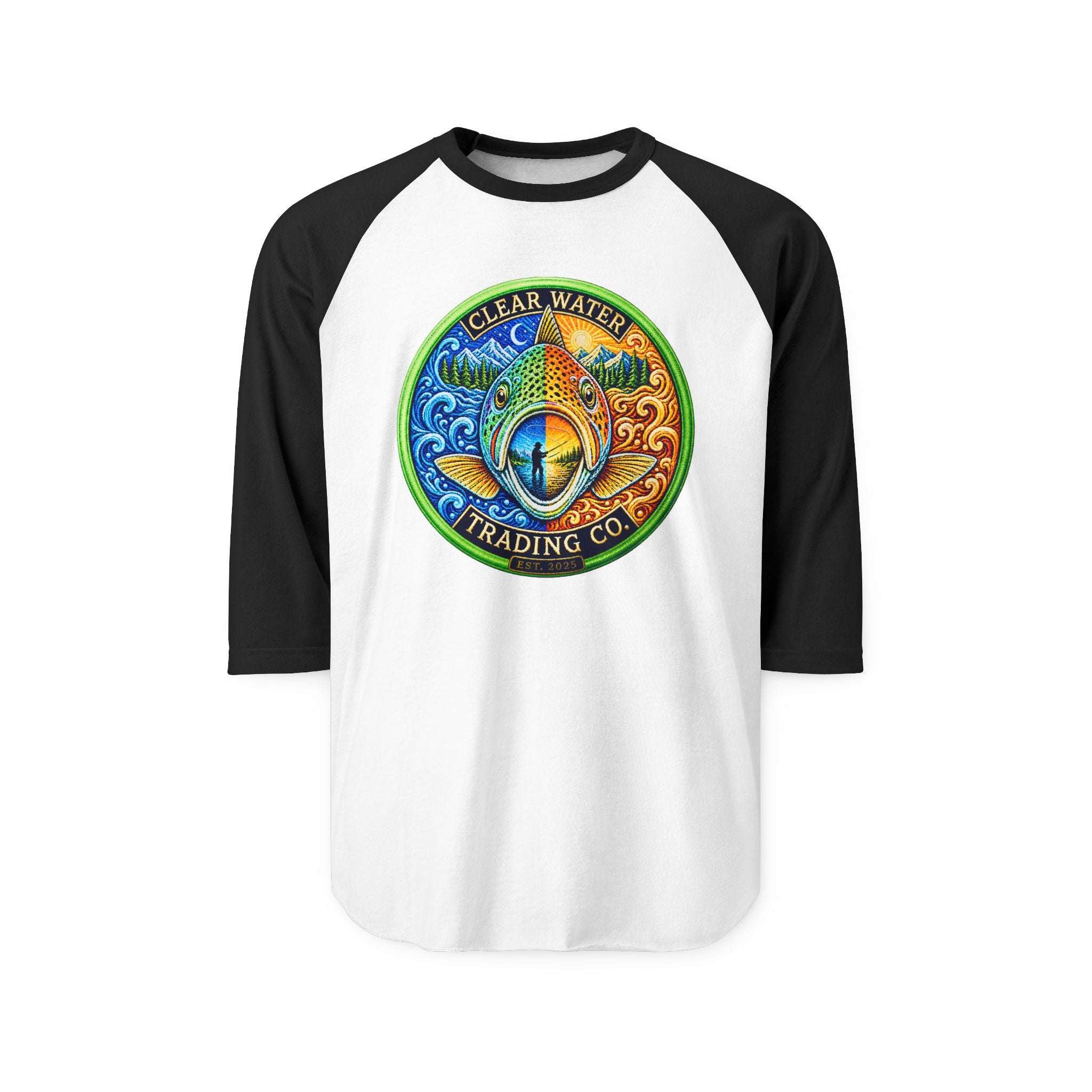 Clear Water Trading Co. — Premium Trout Badge 3/4 Sleeve Raglan - Clear Water Trading Co.