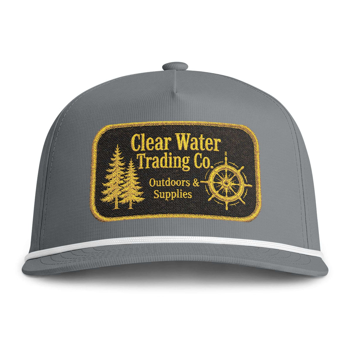 A gray snapback cap with a black and yellow embroidered patch on the front that reads 'Clear Water Trading Co. Outdoors & Supplies' with pine trees and a ship's wheel, shown on a white background.