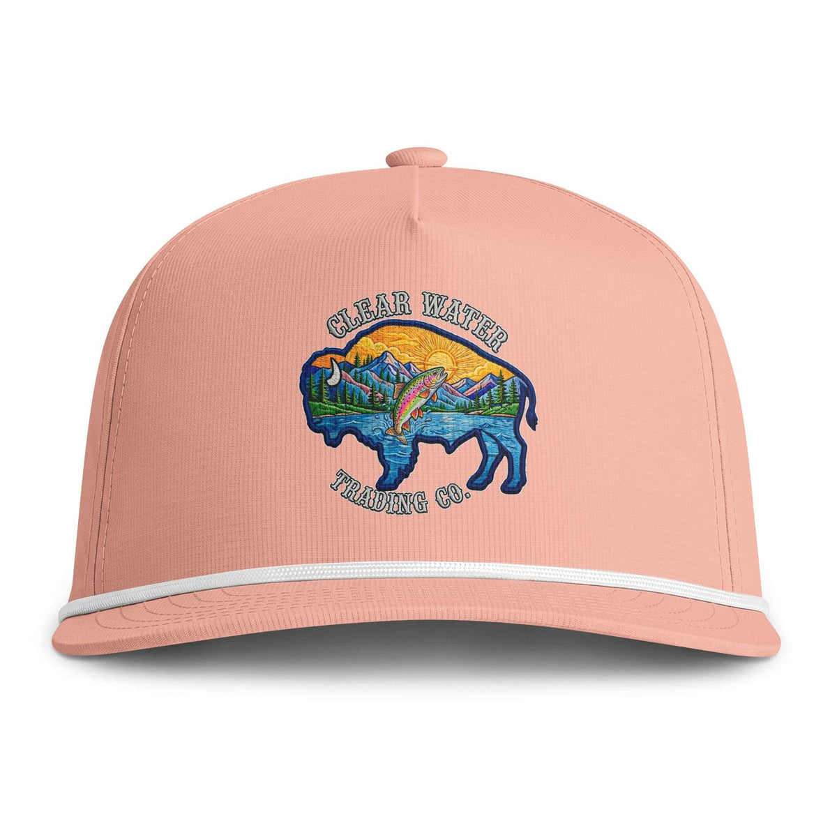 A peach-pink snapback cap with a white contrast stripe along the brim and a colorful embroidered graphic on the front. The graphic features a bison silhouette with a rainbow over mountains and the text 'CLEAR WATER TRADING CO.