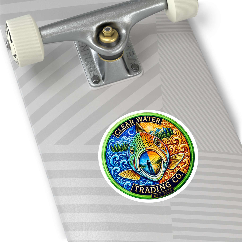 Clear Water Day & Night Trout Sticker — Colorful Fishing Round Decal