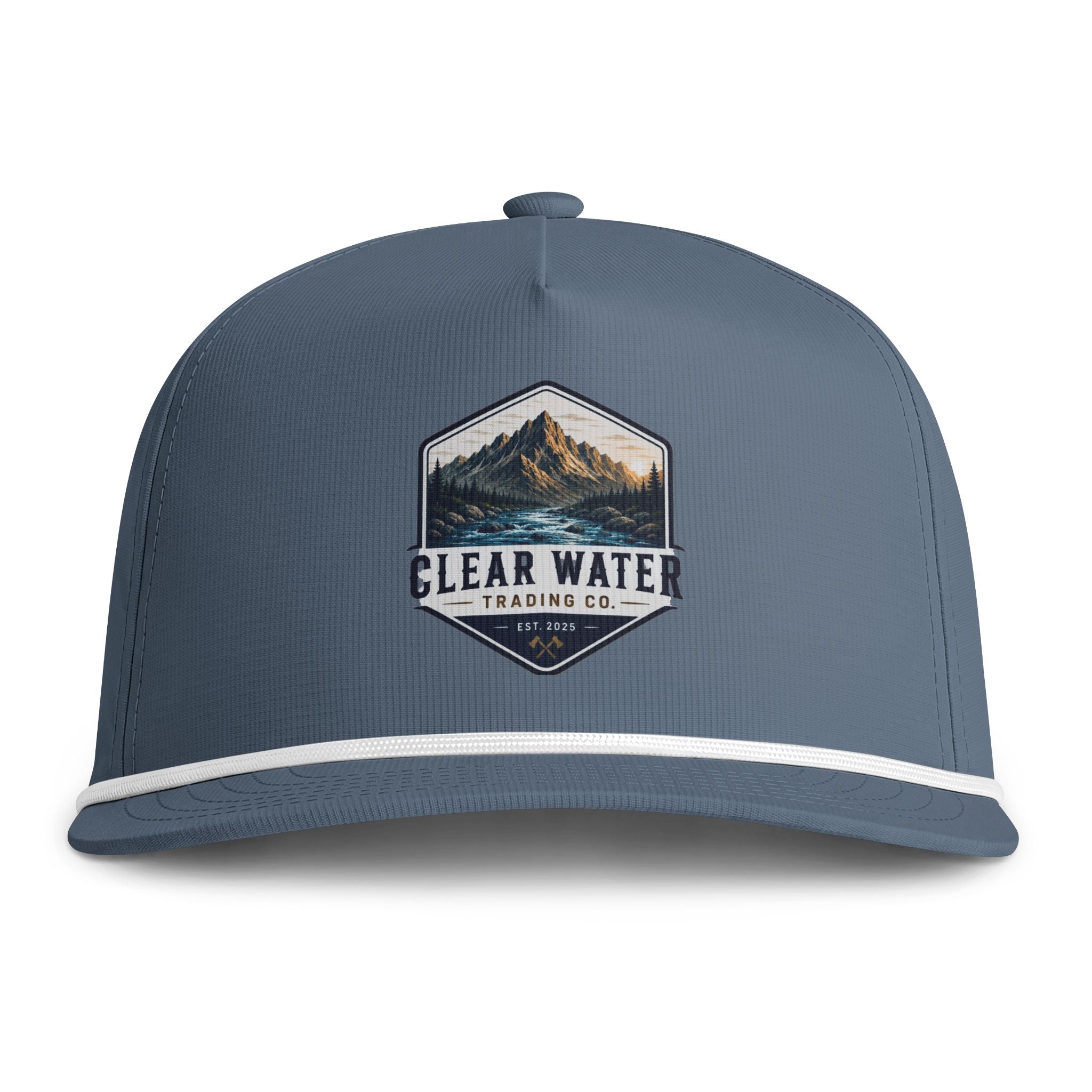 A slate blue snapback cap featuring a white stripe along the brim and a central embroidered patch with a mountain landscape and the text 'CLEAR WATER TRADING CO.'.