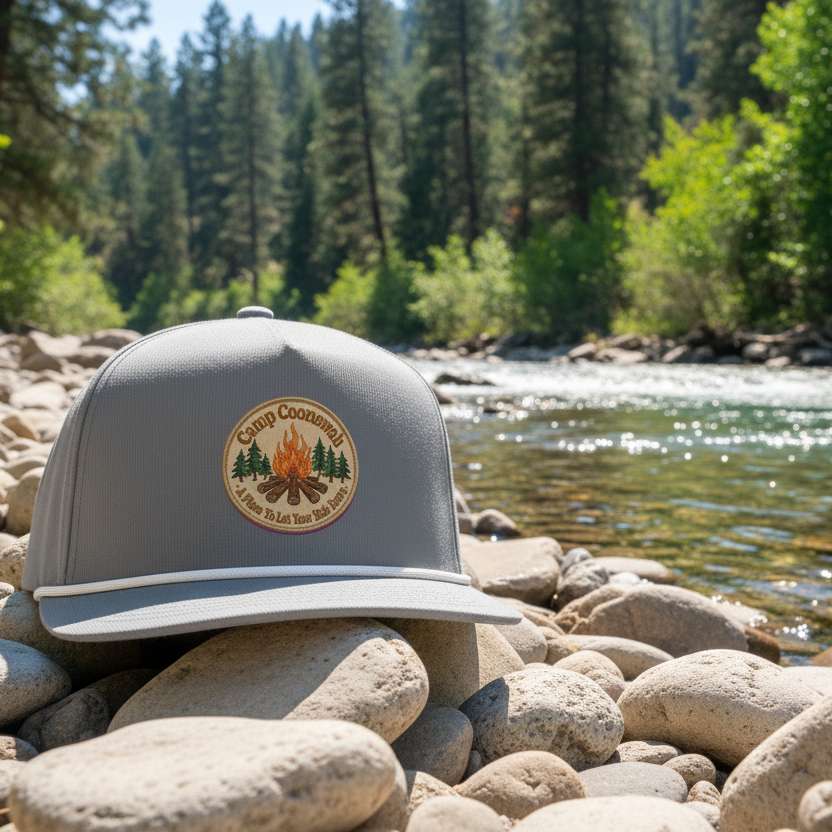 A slate blue snapback cap with a white stripe on the brim and a front patch reading 'RODEO' with a star and heart design, shown on a plain white background.