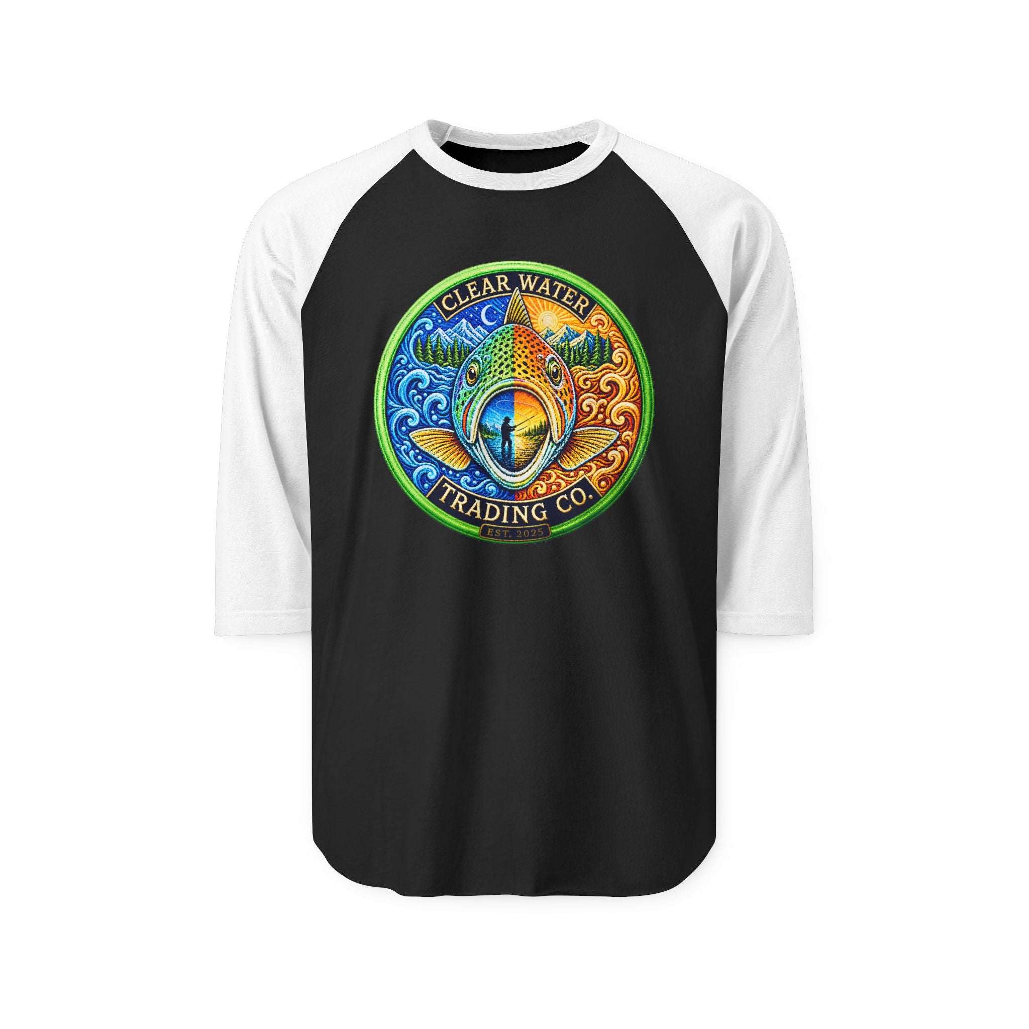 Clear Water Trading Co. — Premium Trout Badge 3/4 Sleeve Raglan - Clear Water Trading Co.