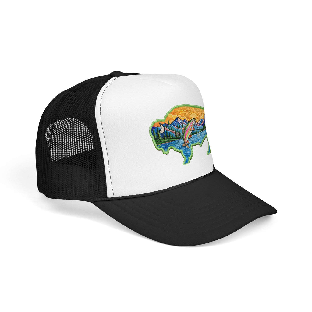 Sunset Buffalo Mountain Trucker Hat — Scenic Buffalo & Trout Patch Foam Hat
