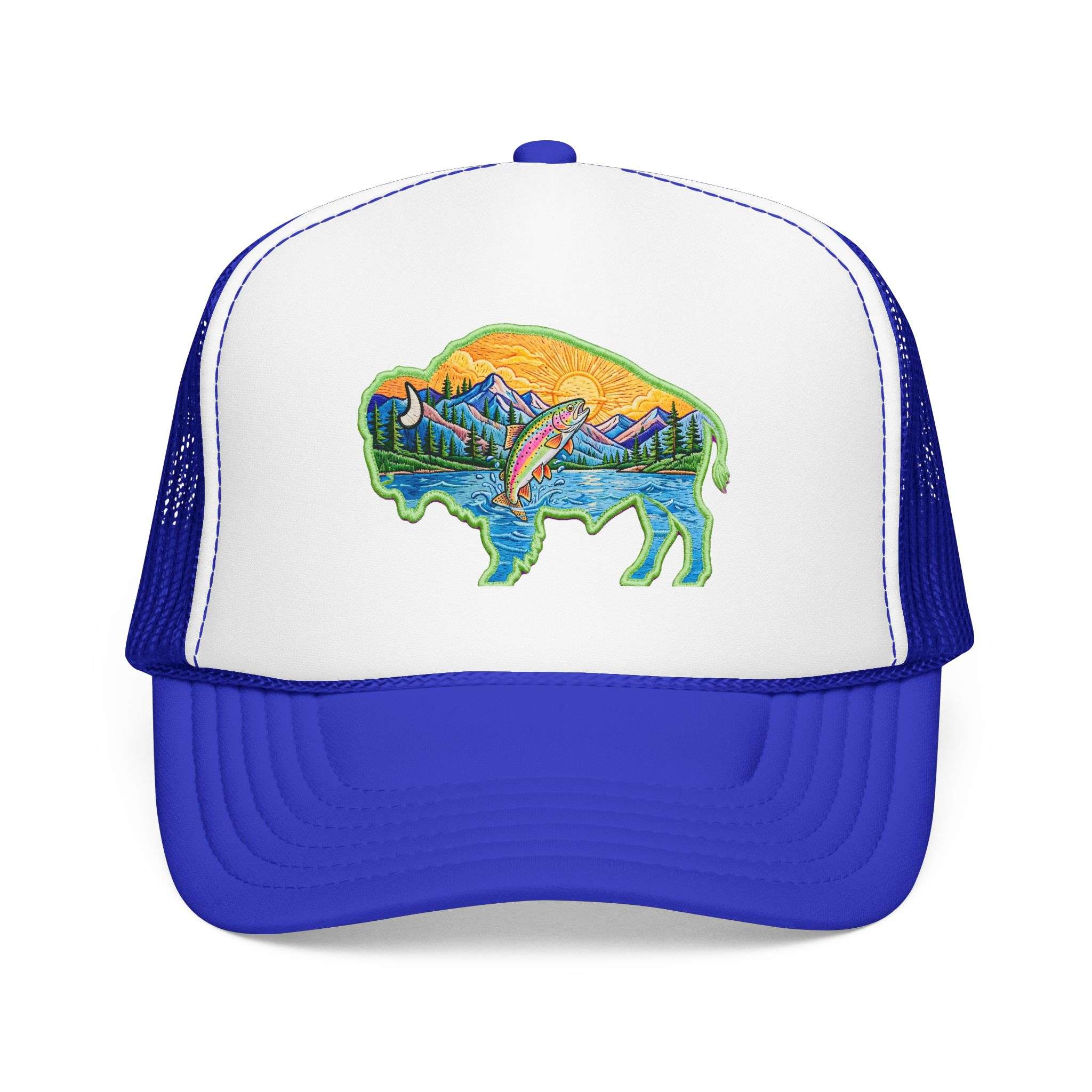 Sunset Buffalo Mountain Trucker Hat — Scenic Buffalo & Trout Patch Foam Hat