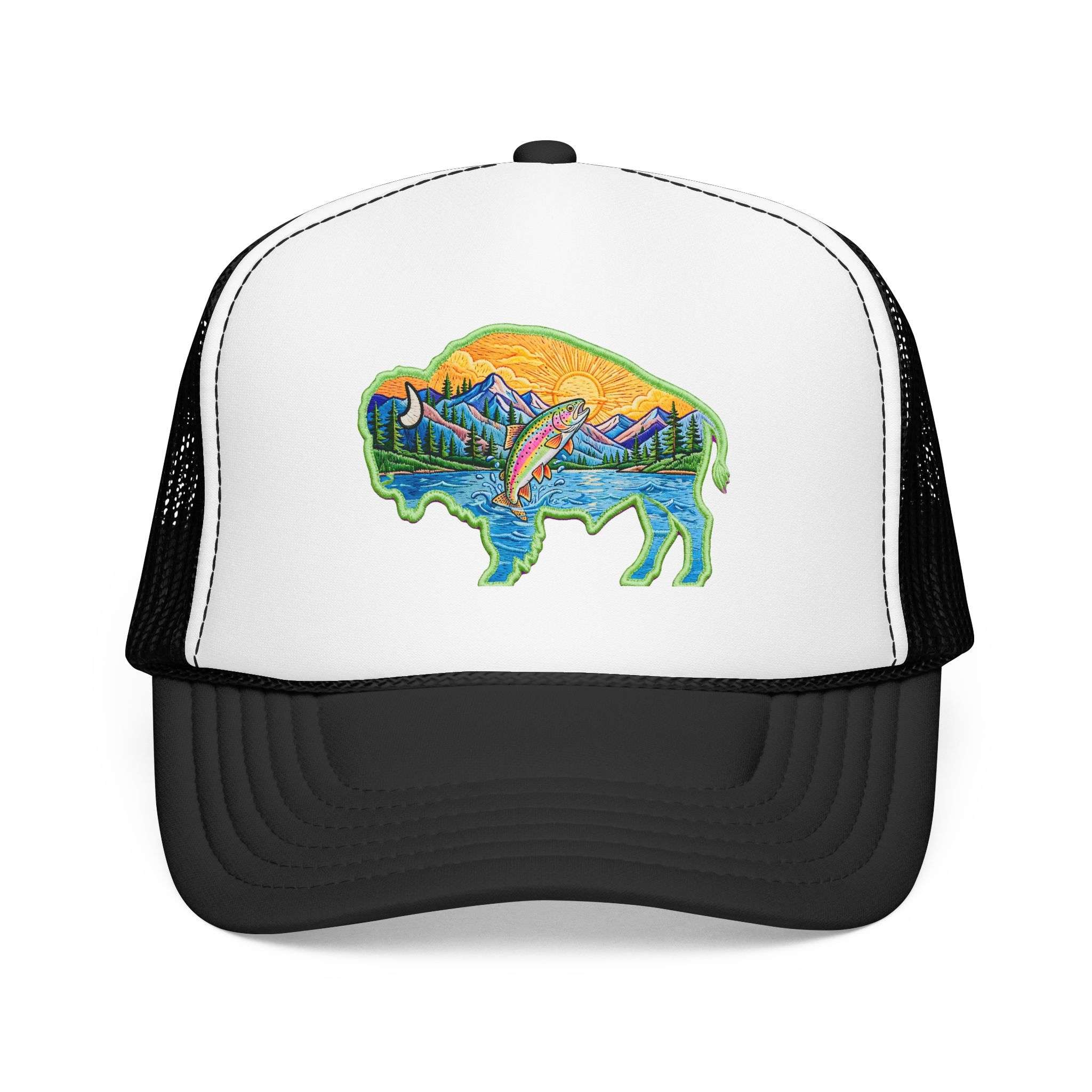 Sunset Buffalo Mountain Trucker Hat — Scenic Buffalo & Trout Patch Foam Hat