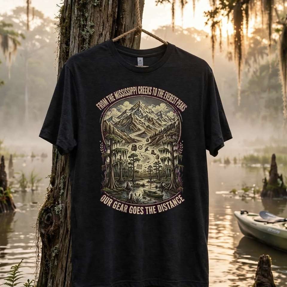 A black graphic t-shirt hanging on a wooden hanger from a weathered tree stump in a misty swamp setting. The shirt features a detailed vintage-style illustration of a mountain landscape with the text 'FROM THE MISSISSIPPI GREES TO THE FORREST FANS' and 'OUR GEAR GOES THE DISTANCE'.