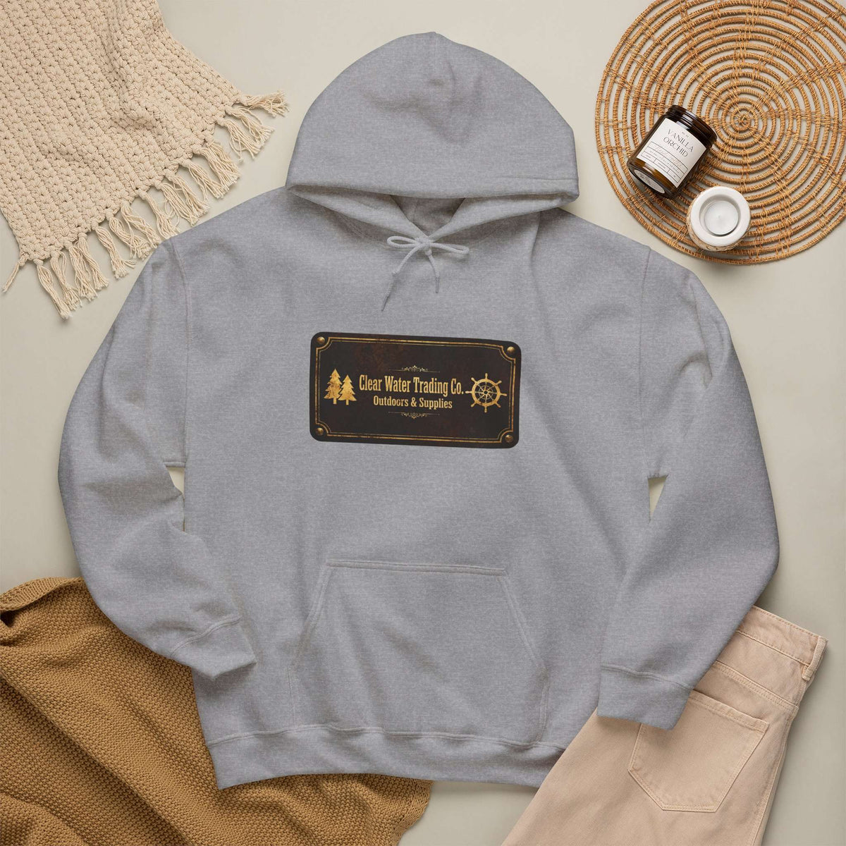 Sweat à capuche Clear Water Trading Co. Outdoors & Supplies – édition plaque vintage